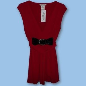 Women Belted Top Red Sleeveless V-Neck Size M